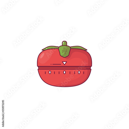 Red tomato kitchen timer. Tomato timer with green leaves. Red modern timer for time management and workflow. Outline vector image. Line style vector illustration.