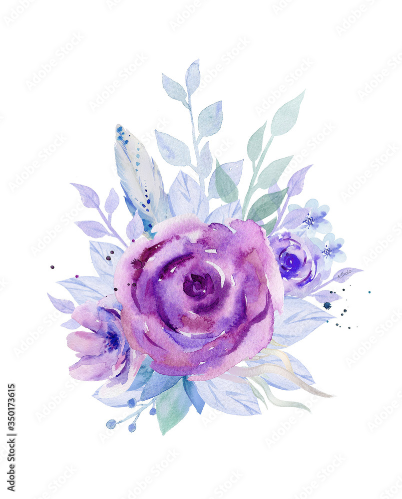 Purple flower bouquet. Abstract blue flowering. Watercolour illustration isolated on white background. Purple flower bouquet. Abstract blue flowering. Watercolour illustration isolated on white background.