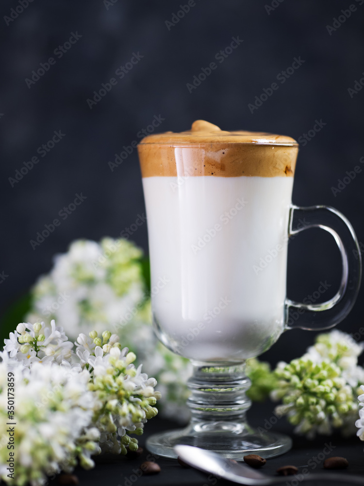 Dalgona coffee. Whipped cream instant coffee with sugar and milk . Cold