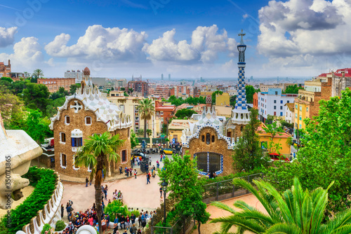Park Guell in Barcelona, Catalunya, Spain. Architecture and landmark of Barcelona. Skyline of Barcelona