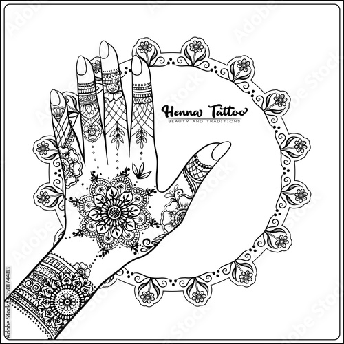 Female hands with traditional indian henna tattoo. Template for tottoo salon banner, wedding invitation, gift voucher, label. Outline vector illustration.