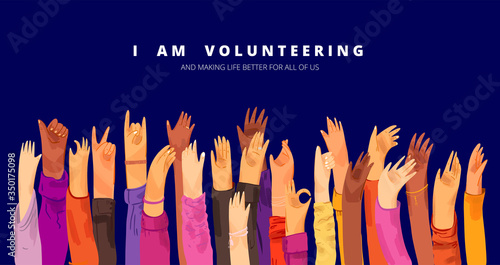 Vector flat illustration of raised up human hands, multiracial. Concept of education, business training, volunteers, voting - raised hands in croud, isolated