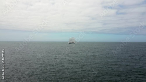 Aerial approaching to Royal Clipper at Cascais coast, on a  partly sunny day, in Lisbon, Portugal - anchored due to the COVID-19 photo