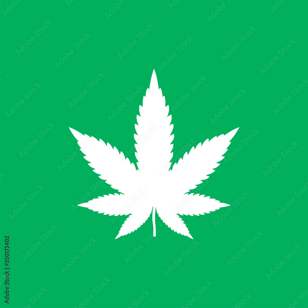 White cannabis leaf isolated on green background. Weed symbol modern, simple, vector, icon for website design, mobile app, ui. Vector Illustration White cannabis leaf isolated on green background. Weed symbol modern, simple, vector, icon for website design, mobile app, ui. Vector Illustration