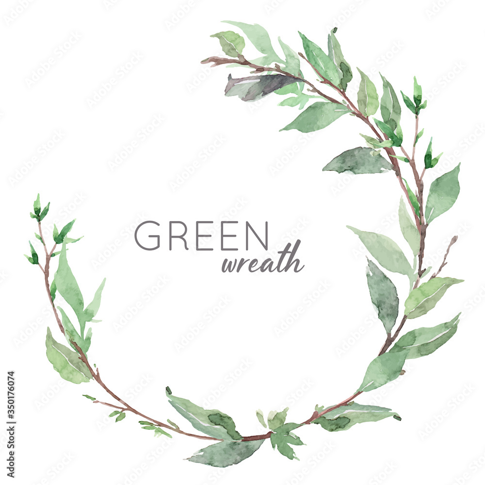 Hand drawn watercolor green leaves wreath