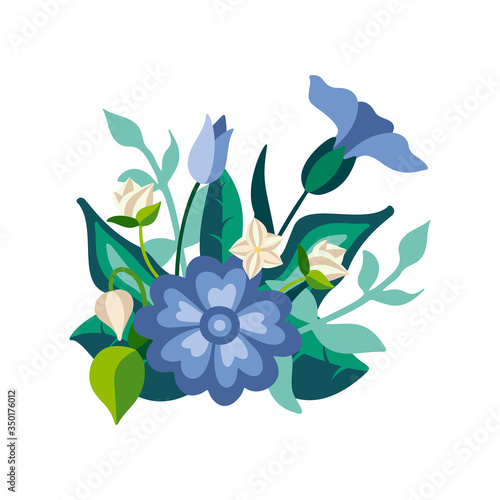 Wild floral bouquet of poppies and cornflowers with green leaves in decorative flat style. Botanical natural herbs isolated on white background. Vector illustration