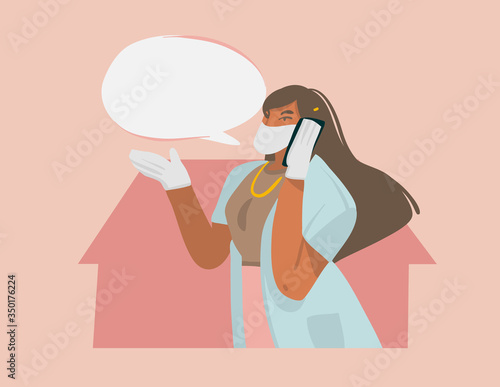Hand drawn vector stock abstract graphic illustration with female doctor gives recommendations by phone, well protected in a face mask and gloves in hospital isolated on color background
