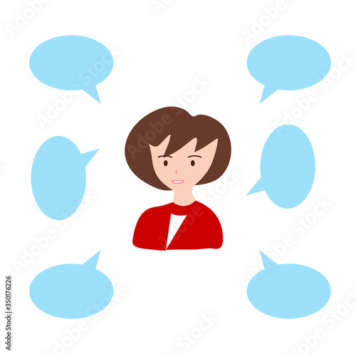 Flat style vector of woman public relations with answering many questions and various problems for general public. Acting as an agent for business organizations. Illustration minimal  bubble for text.