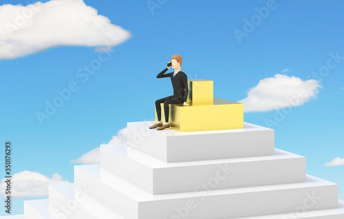 Businessman is sitting on the golden top of a pyramid. Concept of success and achievements. 3D illustration
