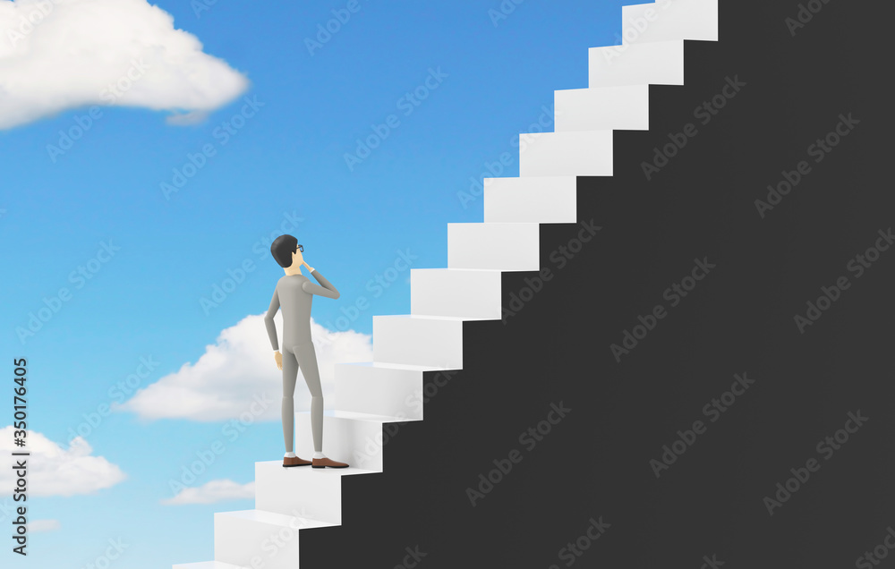 Businessman is standing on the steps of a stair leading upwards. Concept of the way to success and achievements. 3D illustration Businessman is standing on the steps of a stair leading upwards. Concept of the way to success and achievements. 3D illustration