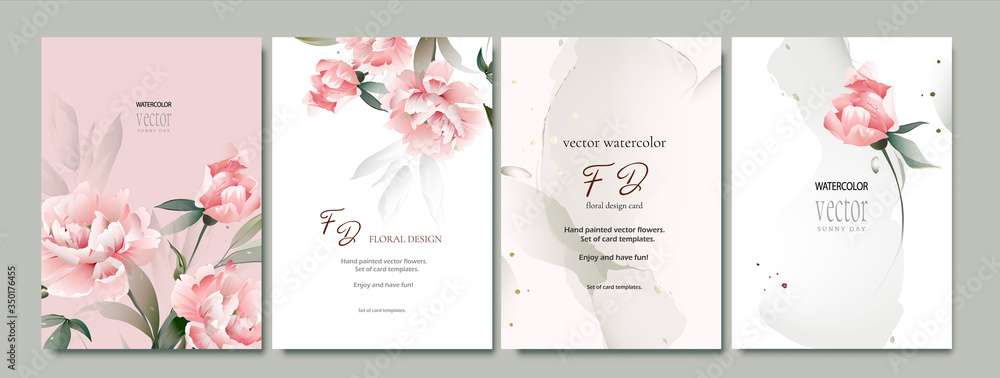 Set of card with flower peonies, leaves. Wedding concept. Floral poster, invite. Vector peony, watercolor decorative greeting card or invitation design background