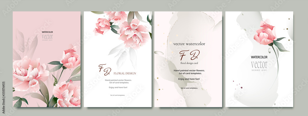 Set of card with flower peonies, leaves. Wedding concept. Floral poster, invite. Vector peony, watercolor decorative greeting card or invitation design background Set of card with flower peonies, leaves. Wedding concept. Floral poster, invite. Vector peony, watercolor decorative greeting card or invitation design background