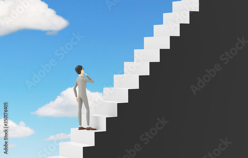 Businessman is standing on the steps of a stair leading upwards. Concept of the way to success and achievements. 3D illustration