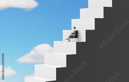 Businessman sits in a chair on the stairs above the clouds. Concept of success and achievements. 3D illustration
