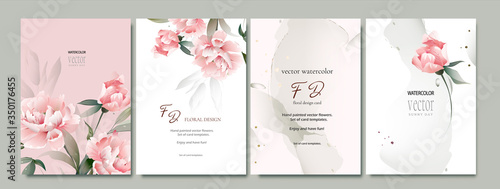 Set of card with flower peonies, leaves. Wedding concept. Floral poster, invite. Vector peony, watercolor decorative greeting card or invitation design background