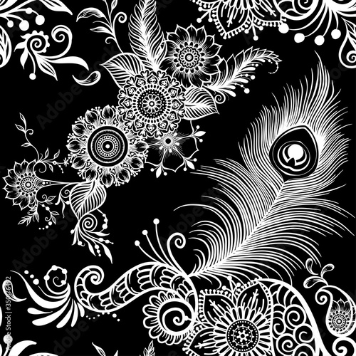 Peacock feathers in eastern ethnic style, mehendi, traditional indian henna floral ornament. Seamless pattern, background in lack and white. Vector illustration.