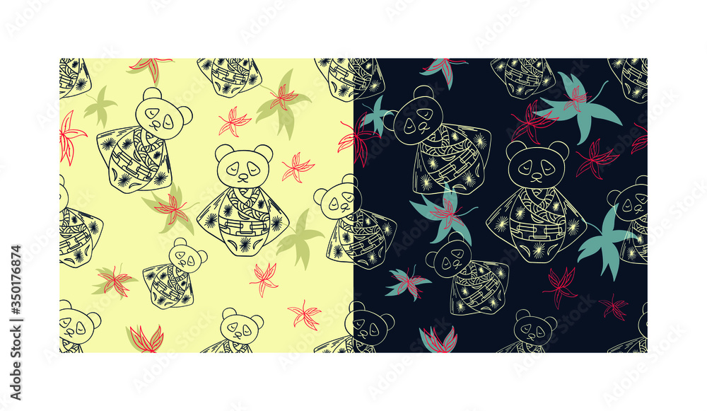 Set of japanese seamless pattern with panda, bamboo, flower outline. Editable vector illustration. Summer vector japanese illustration for fabric, baby design, kids apparel Set of japanese seamless pattern with panda, bamboo, flower outline. Editable vector illustration. Summer vector japanese illustration for fabric, baby design, kids apparel