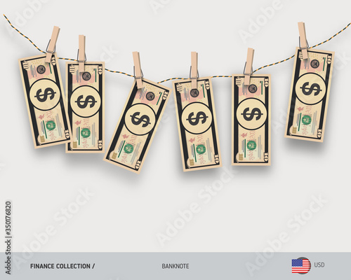 Wet 10 US Dollar banknotes hanging on rope attached with clothes pins. Money laundering concept. Dirty money. Flat style vector illustration.