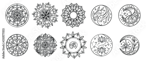 Set of hand drawing zentangle mandalas.Hand drawn mandala with moon, yin yang, om symbol in vector.  Perfect set for surface of design, textiles, posters, tattoos in indian yoga style