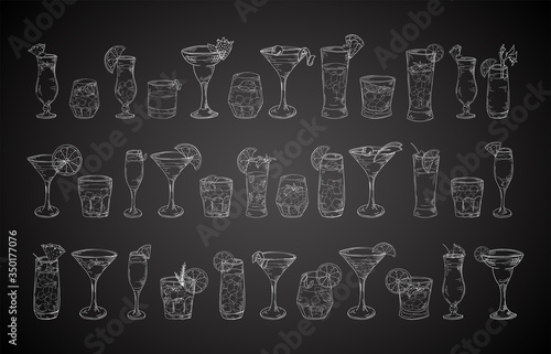 Cocktail drinks set in different glass in hand drawn sketch style. Alcoholic drinks in glasses in vintage drawing vector illustration on chalkboard background