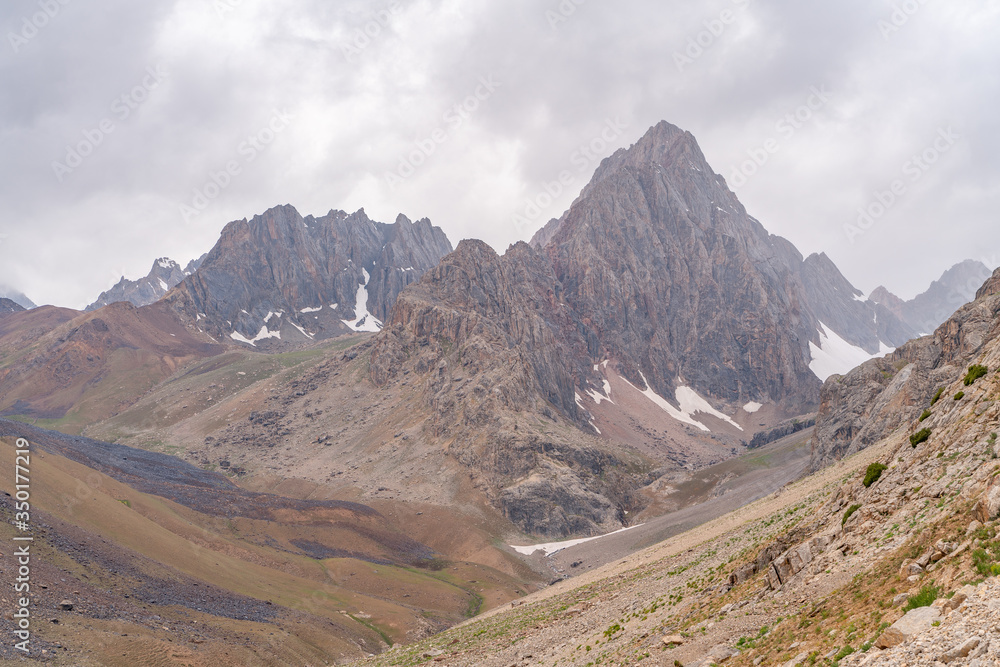 The beautiful view of blue sky and snow mountain summit near to Zmeya peak in Fann mountains in Tajikistan The beautiful view of blue sky and snow mountain summit near to Zmeya peak in Fann mountains in Tajikistan