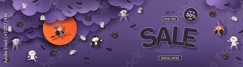 Halloween sale banner with night clouds, witch, vampire, ghost, bats, mummy, pumpkin, moon in paper cut. Purple advertising background with holiday characters and symbols. Vector