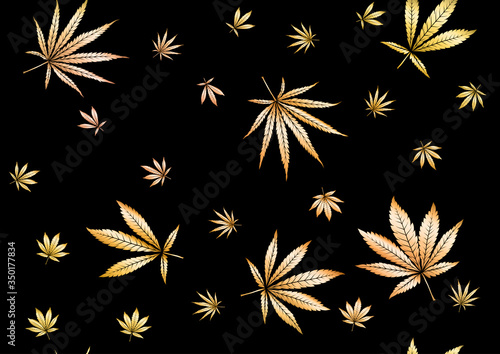 Cannabis leaves seamless pattern, background. Vector illustration in gold colors Isolated on black background.
