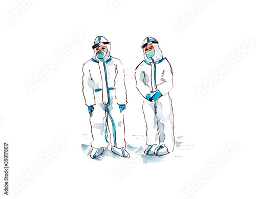 hand-drawn watercolor illustration. figure of the doctor in a white protective suit against the spread of infection. masked doctors. two doctors. Isolated