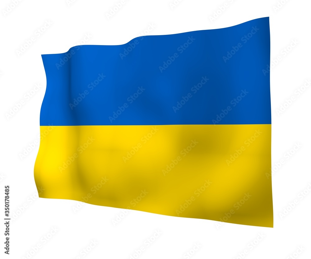 The flag of Ukraine on a white background. National flag and state ensign. Blue and yellow bicolour. 3D illustration waving flag The flag of Ukraine on a white background. National flag and state ensign. Blue and yellow bicolour. 3D illustration waving flag