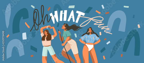 Hand drawn vector abstract stock graphic illustration with young smiling females dancing party at home and handwritten lettering quote Girls just want to have fun isolated on color background