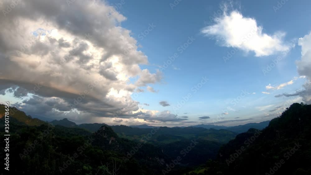 Time lapse motion The reflection of the Sun and the clouds move fast on the sky in Evening Background mountain at Ban Jabo , Mae Hong Son in Thailand. Time lapse motion The reflection of the Sun and the clouds move fast on the sky in Evening Background mountain at Ban Jabo , Mae Hong Son in Thailand.