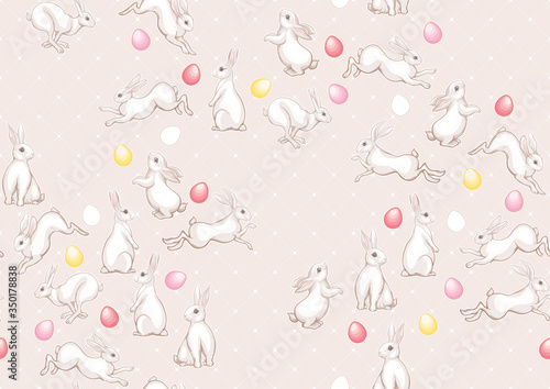 Seamless pattern with a white hares, colored eggs for easter. Colored vector illustration. In art nouveau style, vintage, old, retro style. On soft pink and eige background.