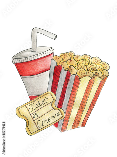 Take and go. Disposable red cup for drink, soda, water, juice, cardboard striped box with popcorn. Paper ticket for cinema theater. Open air and car movie watching in the park. Entertainment, leisure.