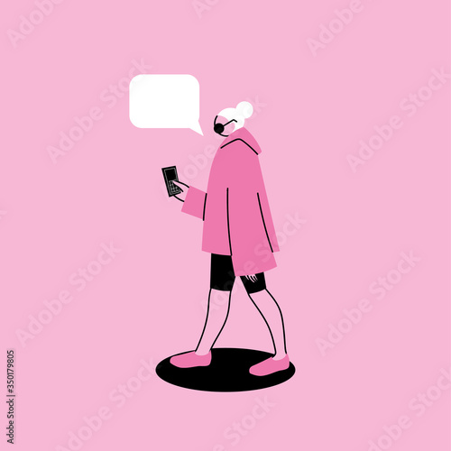 woman with medical mask and smartphone