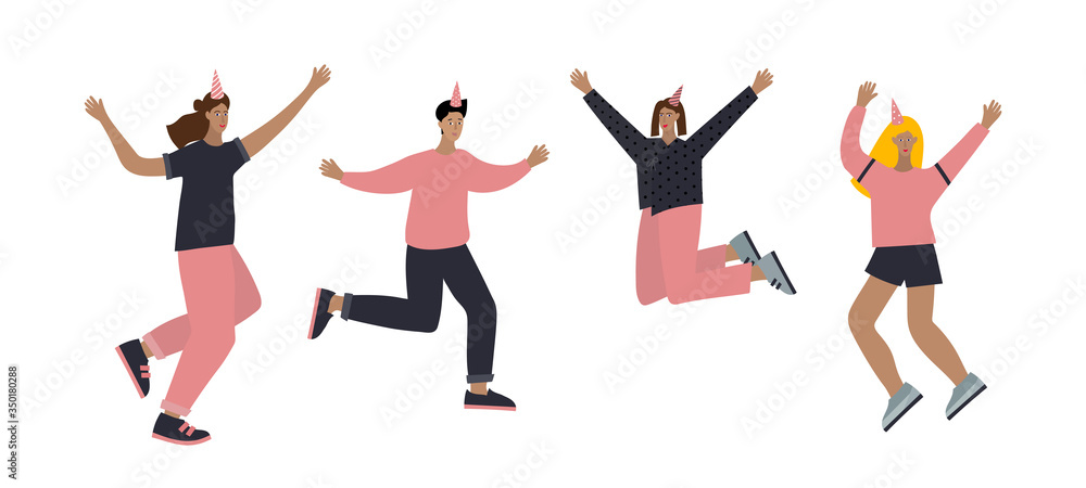 Happy Birthday Girls jumping and dancing at party postcard. Simple flat people woman character vector illustration cartoon style. Person festive scene celebration cute picture clip art graphic element
