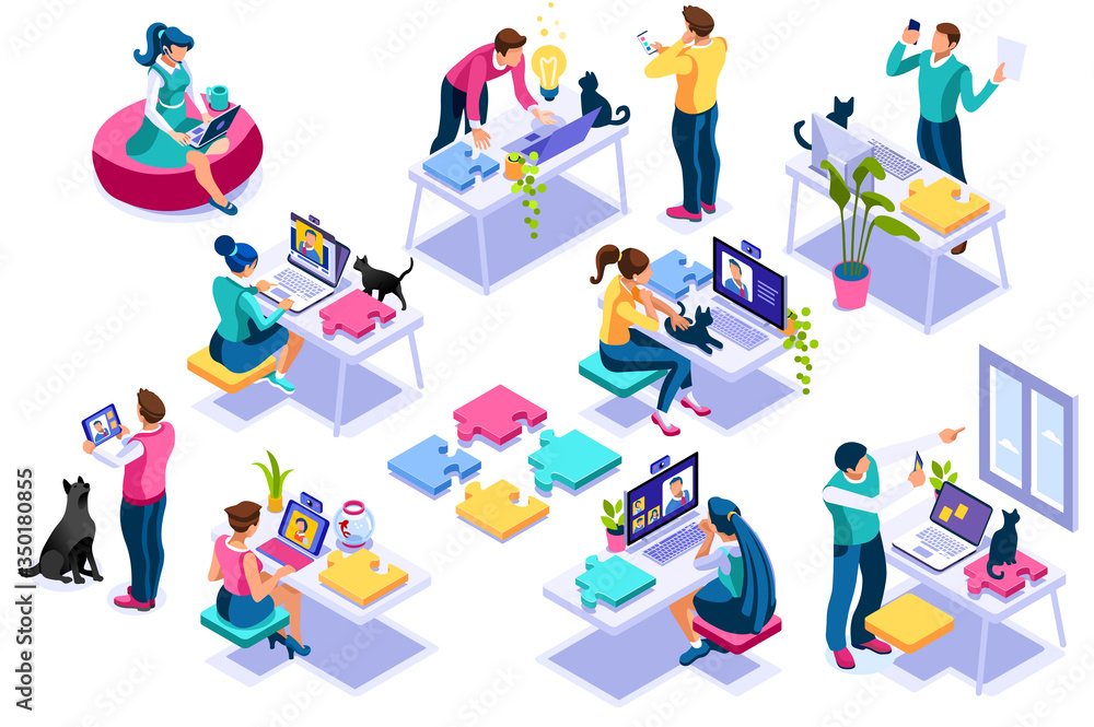 Working at home on computer screen, online talking on digital office. Comfortable homes job sitting at home for office talking. Worker desk for communication, female character on human house. Vector Working at home on computer screen, online talking on digital office. Comfortable homes job sitting at home for office talking. Worker desk for communication, female character on human house. Vector