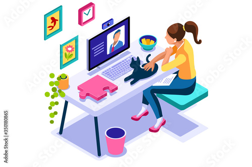 Working at home on computer screen, online talking on digital office. Comfortable homes job sitting at home for office talking. Worker desk for communication, female character on human house. Vector