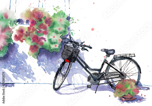 Spring light illustration of a bicycle on a flower street. Watercolor sketch isolated on white background. Can be used for cards, wallpapers, interiors, backgrounds, invitations, fabrics.