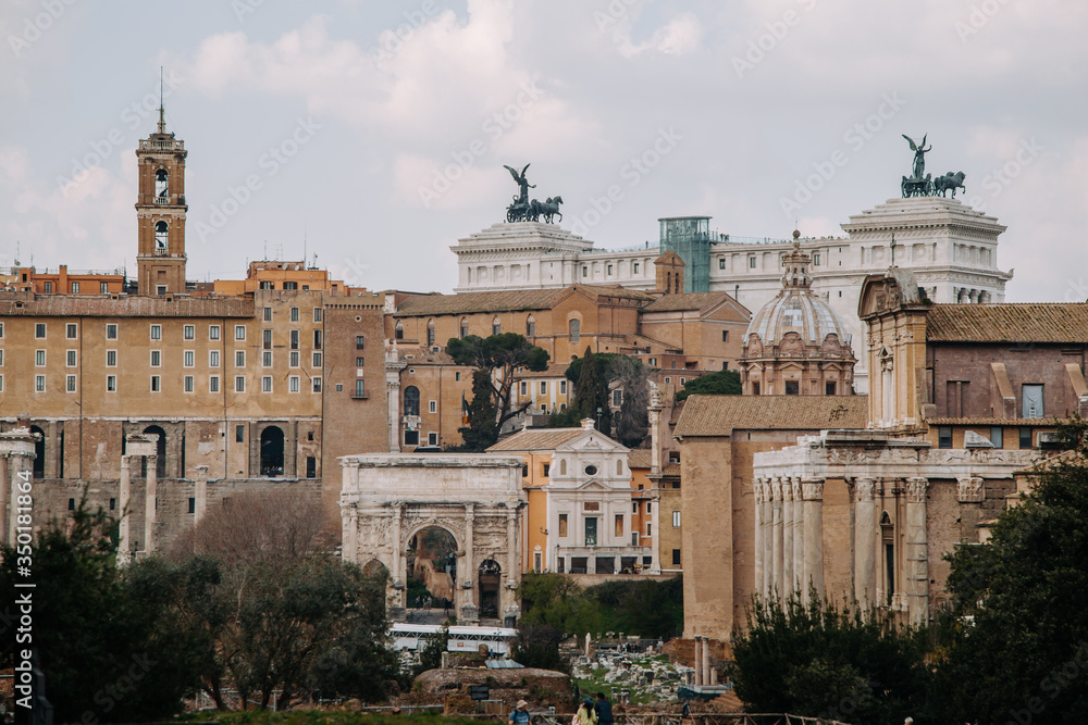 The ancient ruins of the Roman Forum and Palatine hill. Rome, Italy