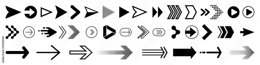 Arrows icons set, modern simple flat black vector pointer signs. Arrow icon set for forward click buttons, web design arrow navigation and apps elements