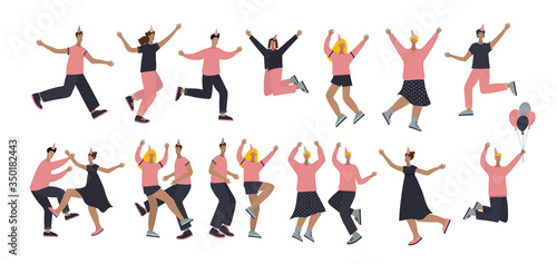 Happy Birthday people jumping and dancing at party illustration. Simple flat woman man character vector postcard cartoon style. Person festive scene celebration cute picture clip art graphic element.