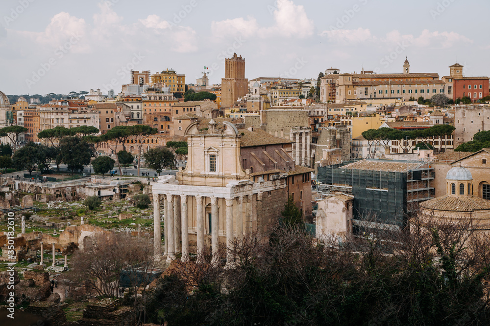 Ruins of Temple of Antoninus and Faustina, Rome, Italy. Aerial view.