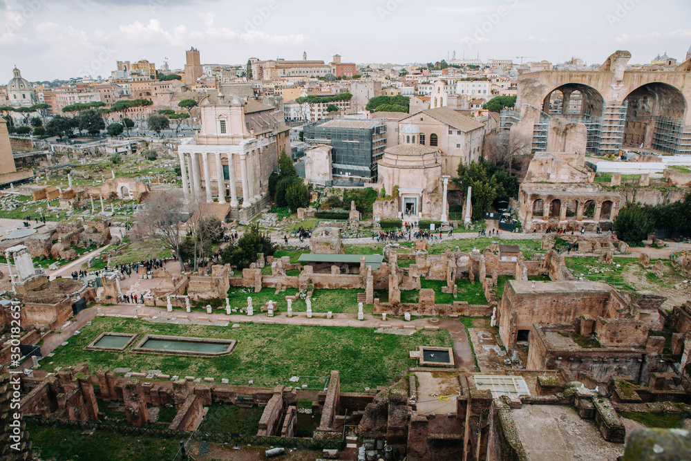 Roman Forum and Ruins of Septimius Severus Arch and  Temple of Saturn, Rome, Italy.