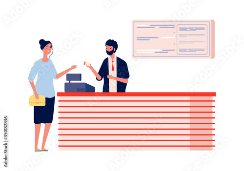 Cinema cashier. Woman buy ticket. Happy girl visiting movie theater or entertaiment center. Flat visitor and administrator vector illustration. Cashier cinema and ordering to movie, selling ticket