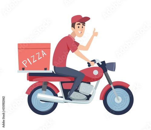 Delivery boy on motorcycle. Man ride on scooter. Isolated flat man delivers pizza vector illustration. Delivery pizza by motorbike, man motorcycle deliver