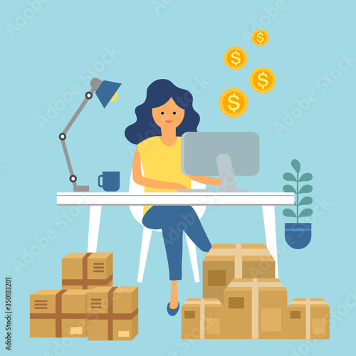 A woman packing order for shipping to customer. She earn money from selling products via online store. Making money by online business concept vector illustration. Drop ship company. Startup owner.