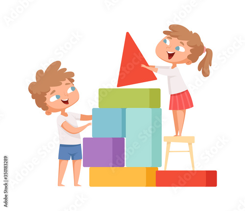 Kids playing. Happy children build colorful cubes home. Isolated cartoon babies with toys vector illustration. Happy kids put cube, build pyramid
