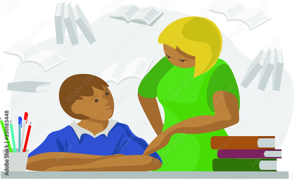 Vector flat illustration mom with her son do homework Vector flat illustration mom with her son do homework