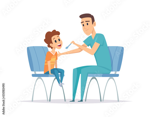 Nurse and boy. Rehabilitation, pediatrician ill kid. Cartoon vaccination, doctor and little patient. Flu or virus protection vector illustration. Hospital doctor, clinic pediatrician with child