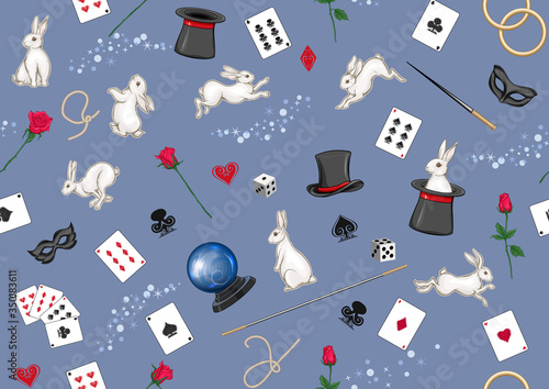 Magician items seamless pattern, background. Colored vector illustration on blue background..